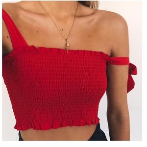 ‘Kendall’ red shirred crop top with shoulder ties